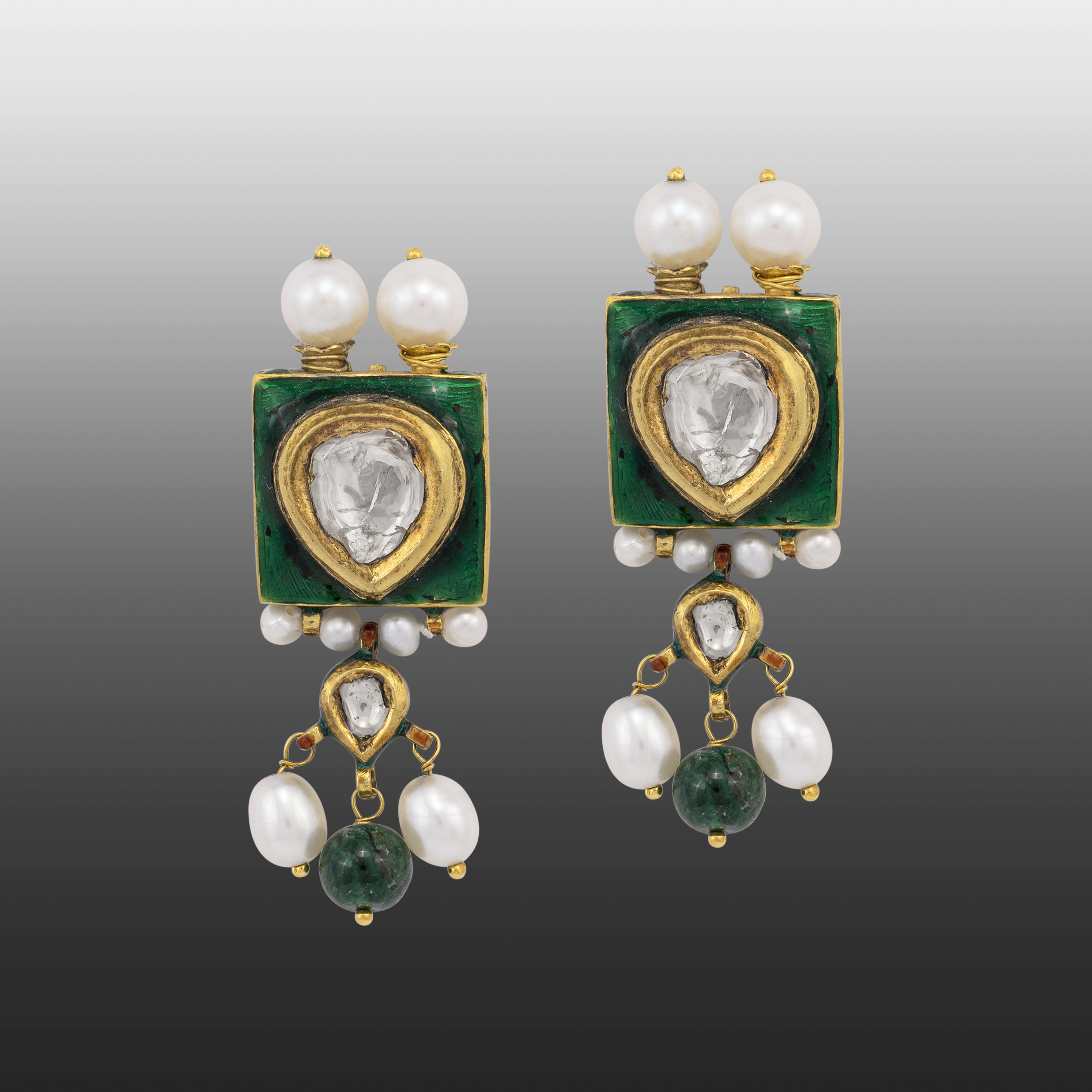 Green Meenakari Jadau Earrings with Pearls and Emerald Drops